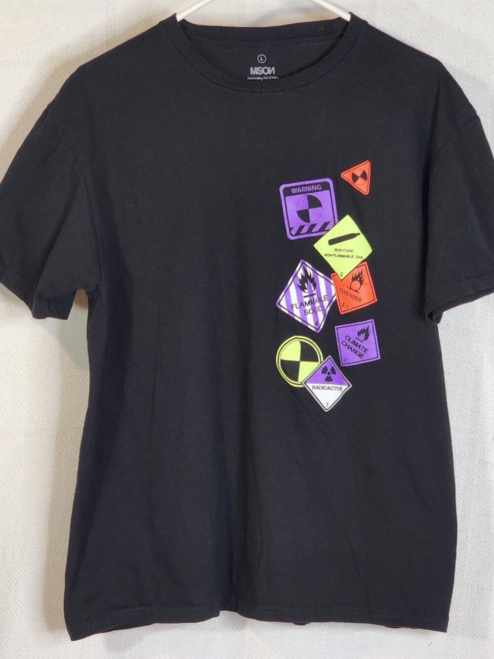 MSON Made Something Out Nothing Black Neon Purple Orange Lime Hazard Label Tee L